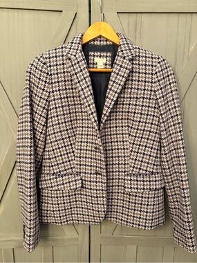 J. Crew Pink and Navy Houndstooth Wool-Blend Schoolboy Blazer